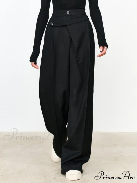 Asymmetric Layer Button Trendy Straight Leg Dress Pants Black / XS