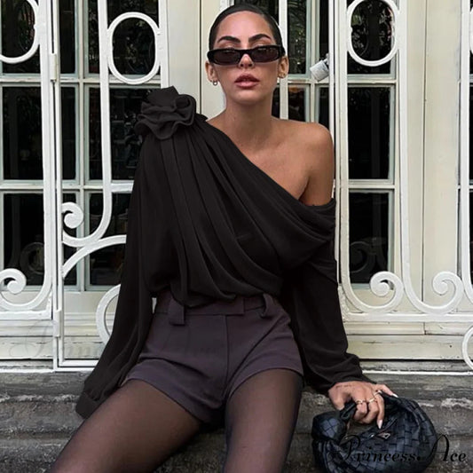 Asymmetric One Graceful Shoulder Off Blouse Black / S