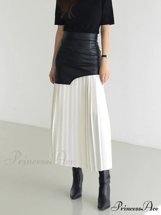 Asymmetric Patchwork Faux Leather Modern Chiffon Pleated Midi Skirt White / XS