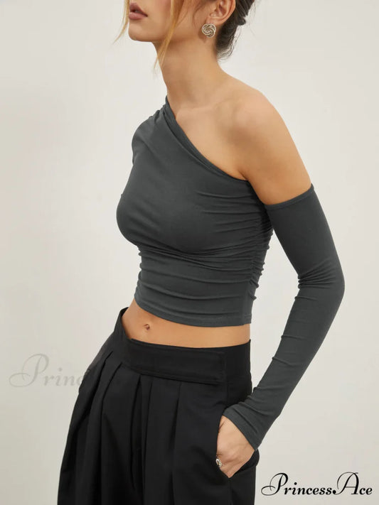 Asymmetric Sleeve Graceful Ruched Crop Shirt Grey / XS