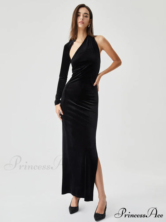Asymmetric Sleeve Velvet Slit Modern Open Back Long Dress Black / XS