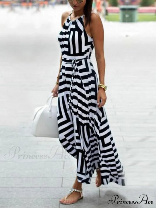 Asymmetric Striped Halterneck Maxi Dress in White and Black