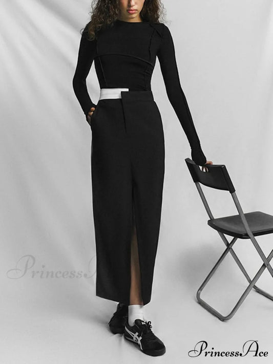 Asymmetric Waistband Graceful Maxi Skirt Black / XS
