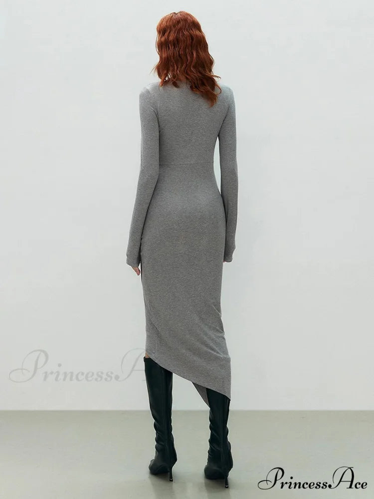 Asymmetrical Draped Cutout Crew Neck Classic Long Sleeve Midi Knit Dress