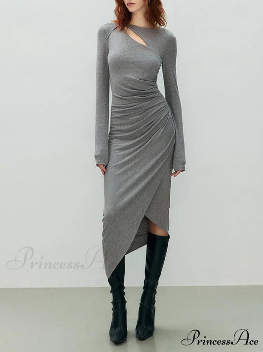 Asymmetrical Draped Cutout Crew Neck Classic Long Sleeve Midi Knit Dress Grey / XS