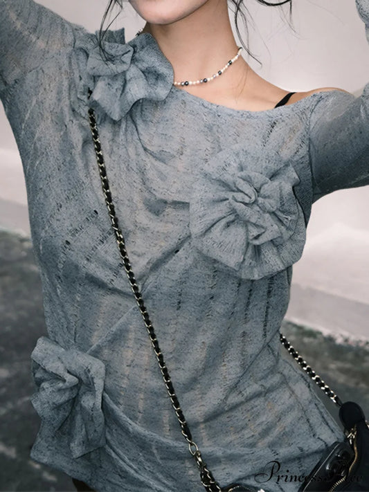 Asymmetrical Floral Graceful Knitted Sweater Blue / S