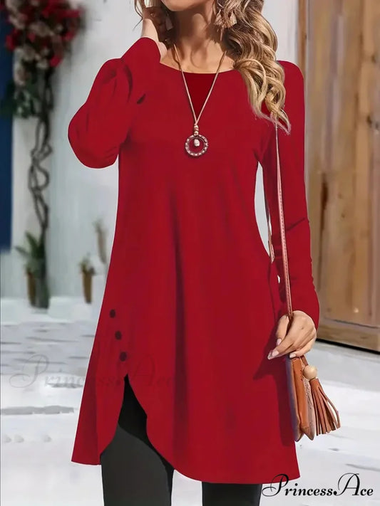 Asymmetrical Hem Button Crew Neck Dress with Long Sleeves S / Gray