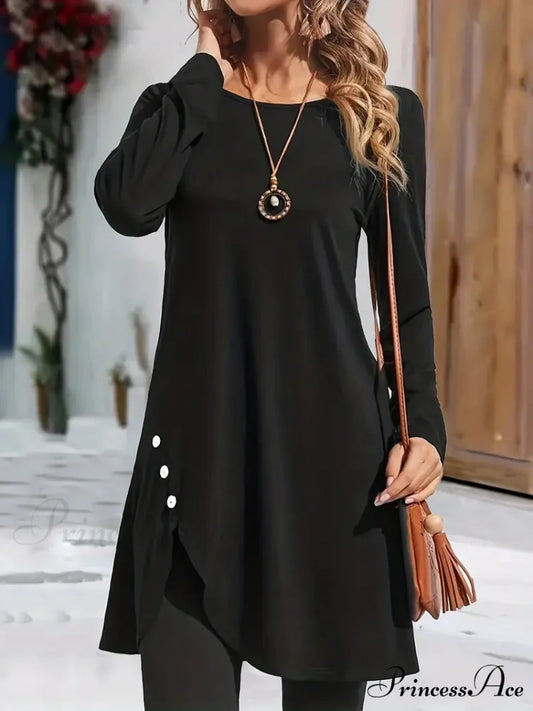 Asymmetrical Hem Button Crew Neck Dress with Long Sleeves S / Red