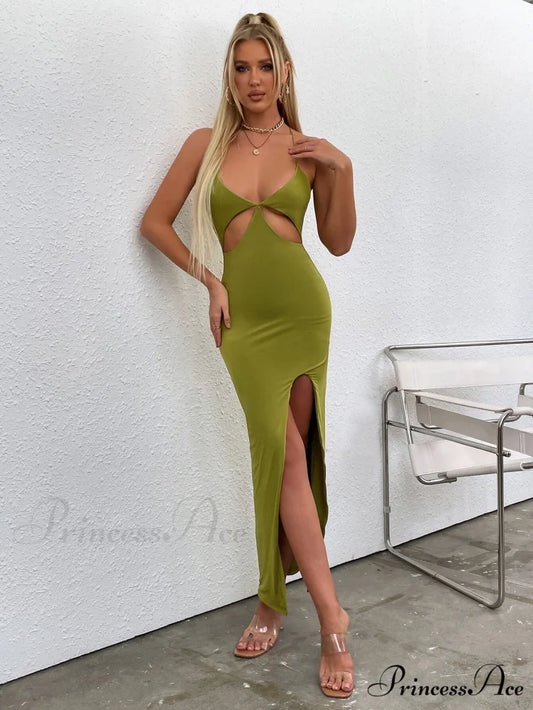 Asymmetrical Neck Glitter Trendy Strap Cut Out Dress Olive / XS