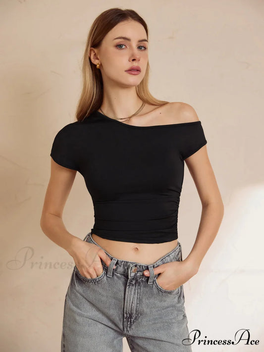 Asymmetrical Neck Graceful Crop Top Black / S