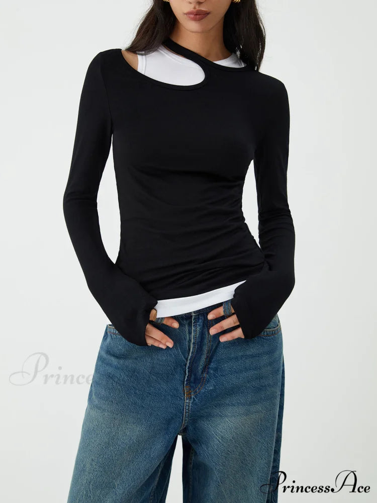 Asymmetrical Neck Graceful Long Sleeve Blouse Black / XS