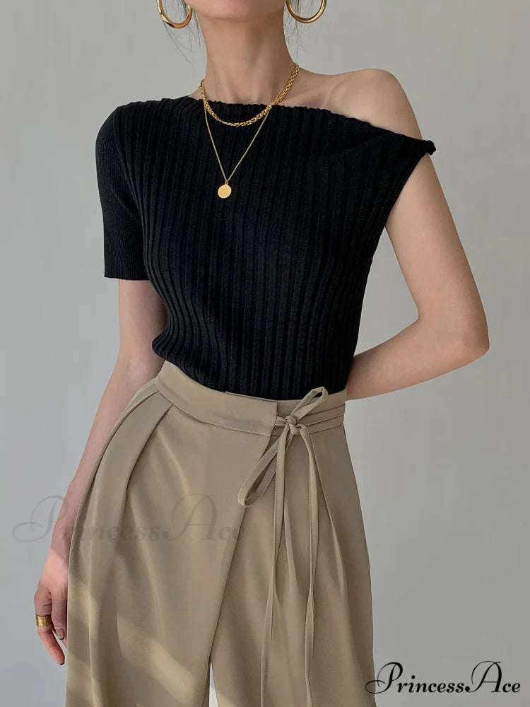 Asymmetrical Neck One Trendy Shoulder Off Knit Top Black / XS