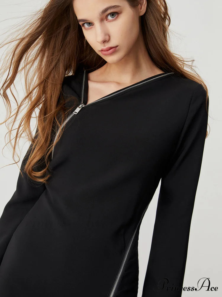 Asymmetrical Neck Zippered Split Modern Long Sleeve Midi Dress