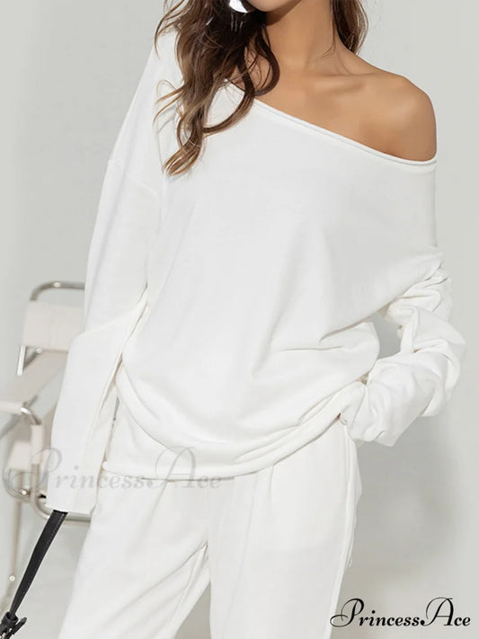 Asymmetrical Off Graceful Shoulder Solid Sweatshirt White / XS