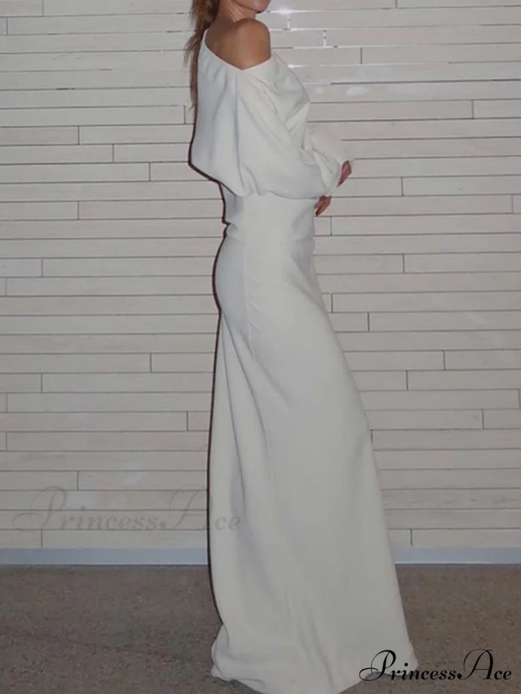 Asymmetrical Off Shoulder Solid Modern Long Sleeve Maxi Dress