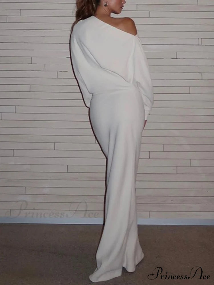 Asymmetrical Off Shoulder Solid Modern Long Sleeve Maxi Dress