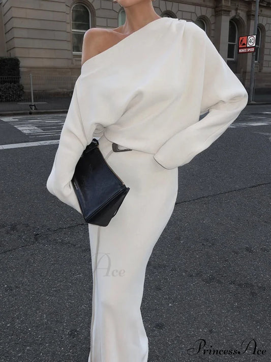 Asymmetrical Off Shoulder Solid Modern Long Sleeve Maxi Dress White / XS