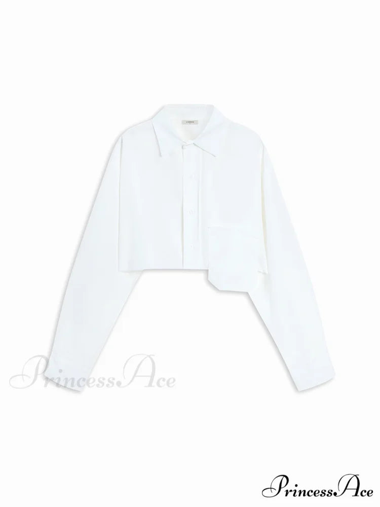 Asymmetrical Pocket Button Trendy Collar Crop Shirt