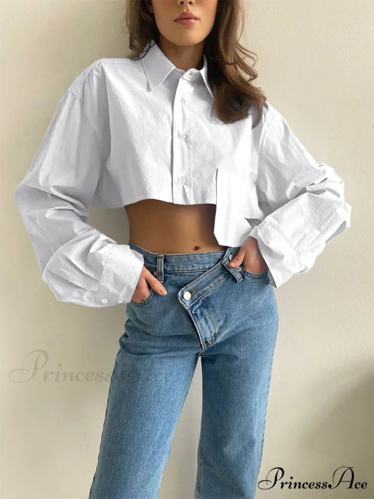Asymmetrical Pocket Button Trendy Collar Crop Shirt White / XS