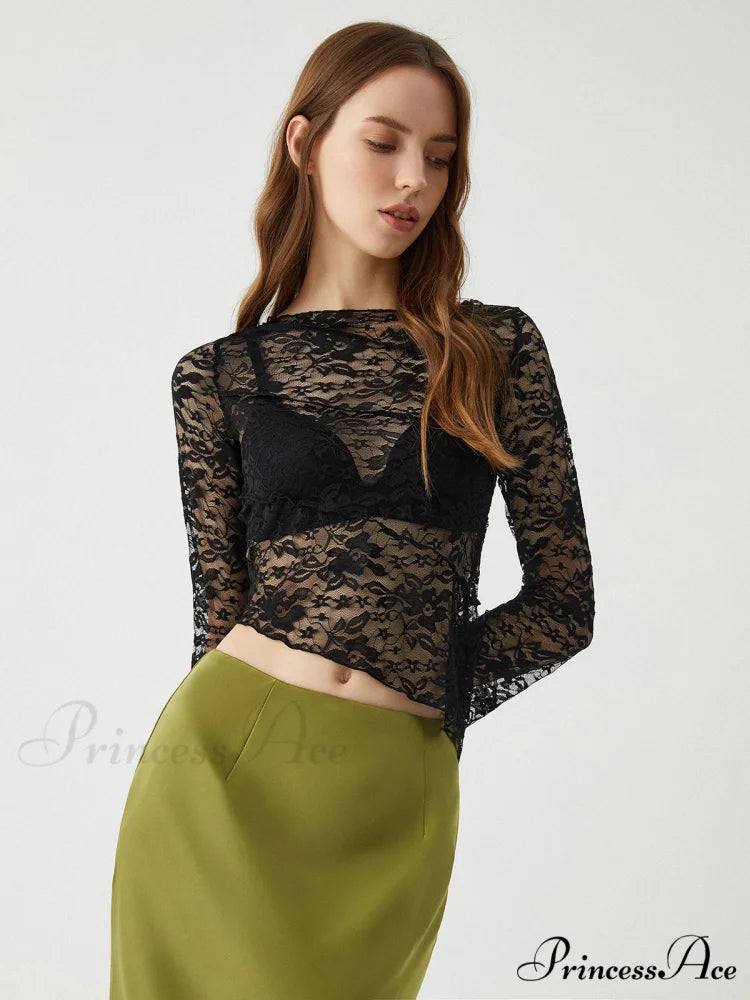 Asymmetrical Sheer Lace Trendy Long Sleeve Top Black / S