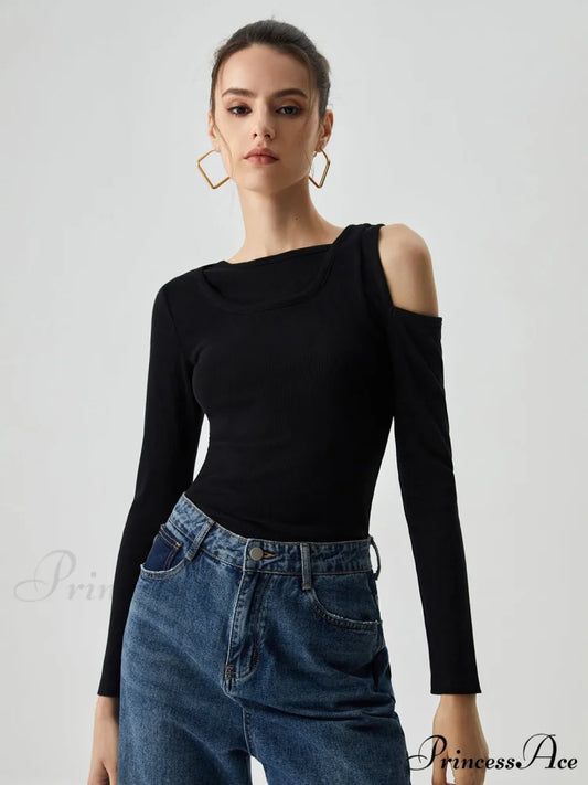 Asymmetrical Shoulder Cut Out Modern Long Sleeve Solid Top Black / XS
