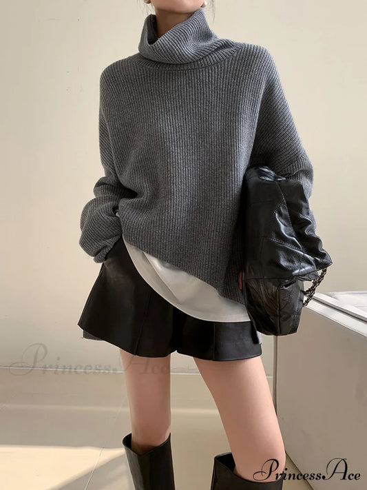Asymmetrical Turtleneck Graceful Oversized Sweater Grey / XS