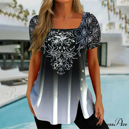 Asymmetrical with Design Flowered Blouse Design Black / S