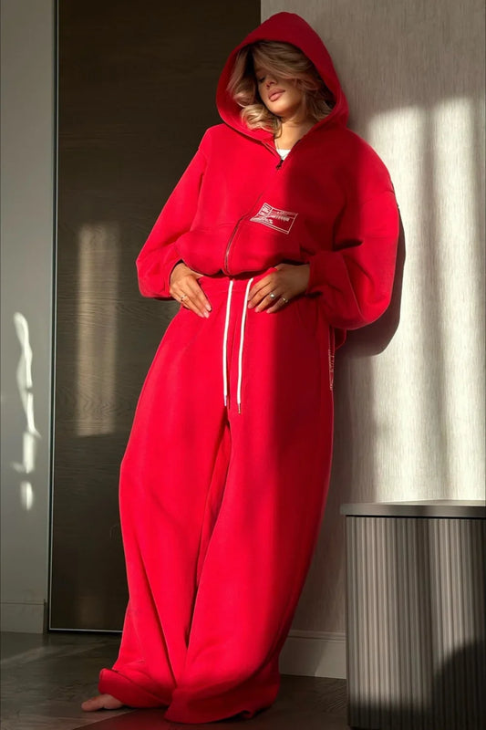 Athletic Hooded Zipper Oversized Casual Two Piece Set