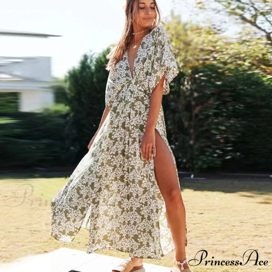 Attractive Deep Plunge-neck Maxi Dress Retro Floral Print Side Split Boho Dress bohodress-250126