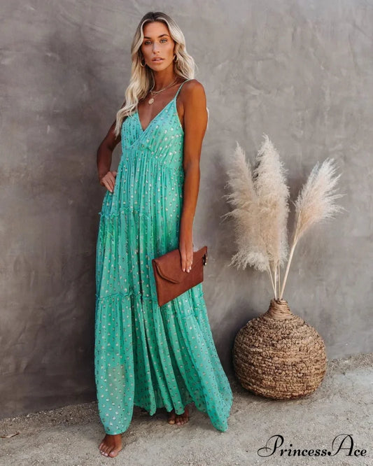 Attractive Divided Large Hem Bandeau Sleeveless Green Maxi Boho Dress bohodress-250126
