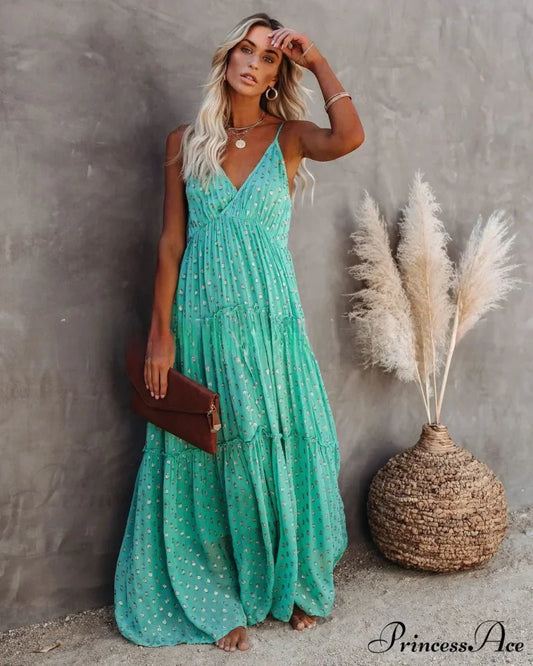 Attractive Divided Large Hem Bandeau Sleeveless Green Maxi Boho Dress Green / S bohodress-250126