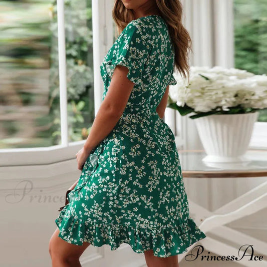 Attractive Flower Pattern V-neck Chiffon Mini Flower Dress floraldress-250126
