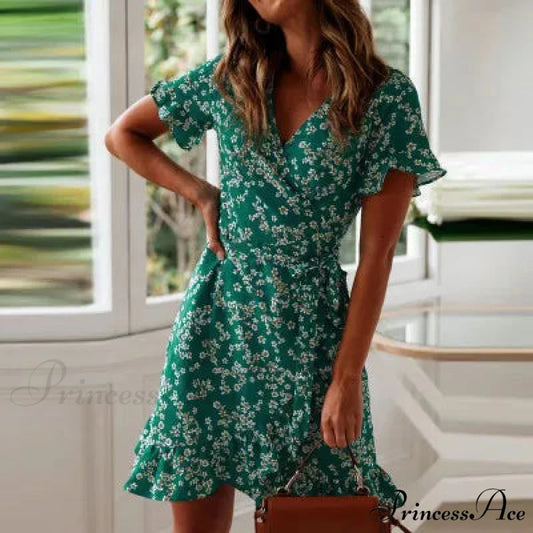 Attractive Flower Pattern V-neck Chiffon Mini Flower Dress Green / S floraldress-250126