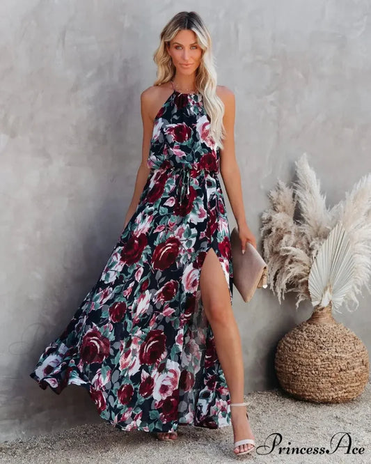 Attractive Halter Floral Celebration Sundress black / M oldfloraldress-250126