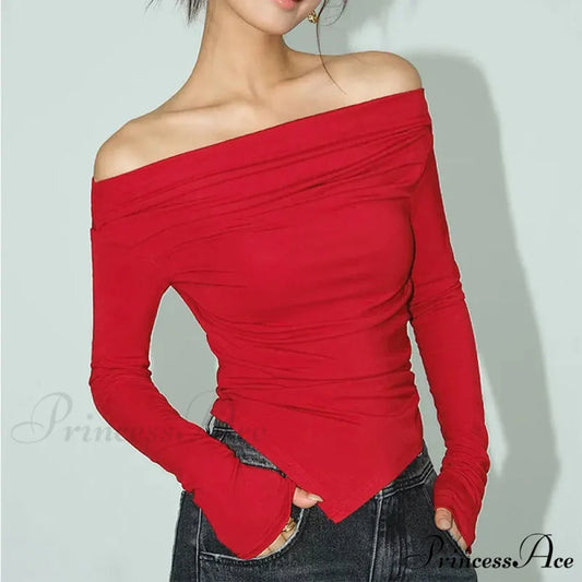 Attractive Off Shoulder Slim T-shirt Sweater Red / S swraters-241228