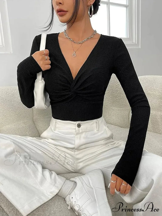 Attractive V-Neck Knitted Base Blouse Figure Trim Fit Top Women 25223196-balck / S knittop-250126
