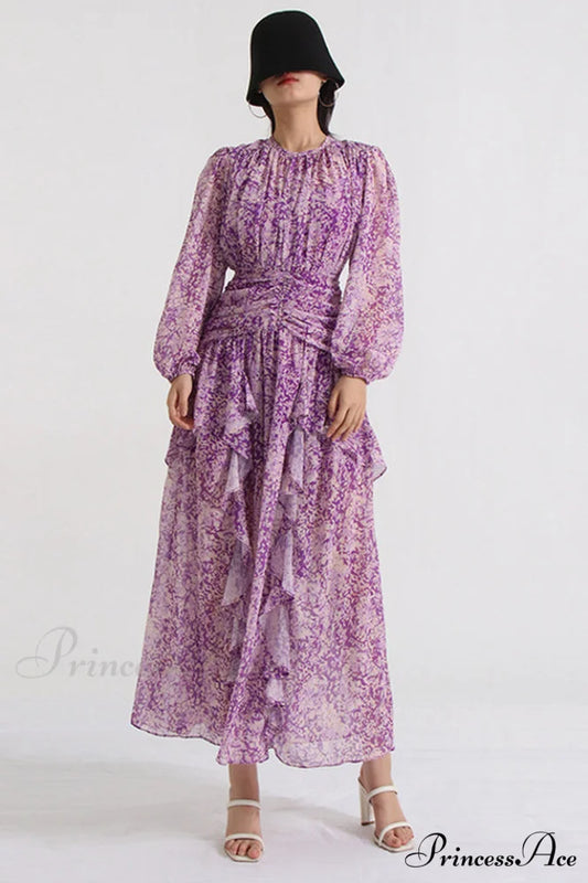 Aurier Round Neck Charming Balloon Sleeve Maxi Dress S / Aurier Print