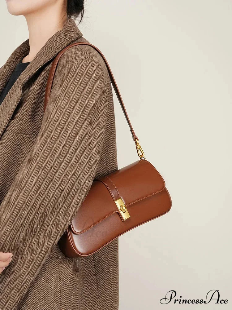 Authentic Leather French Bread Shoulder Purse coffee shoulder-250126