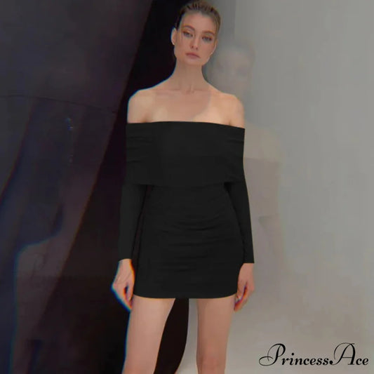 Autumn and Winter New Off Shoulder Knitted Slim Pleated Long Sexy Bodycon Dress Black / S