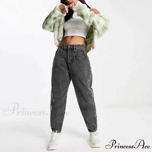 Autumn Black Washed Casual Tapered Slant Pockets Straight Legs Mom Denim Dark Grey / XS