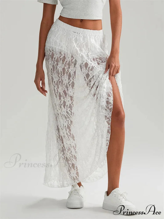 Autumn Extended Maxi Skirt Stretchy Waistband Lace Floral Informal Skirt skirt-250126