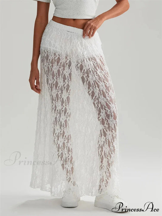 Autumn Extended Maxi Skirt Stretchy Waistband Lace Floral Informal Skirt WHITE / S skirt-250126