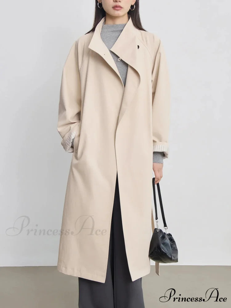 Autumn Extra Long Flowy Oversized Casual Belt Double Breasted Loose Korean Fashion 2024 Stylish Coat BEIGE / XXS