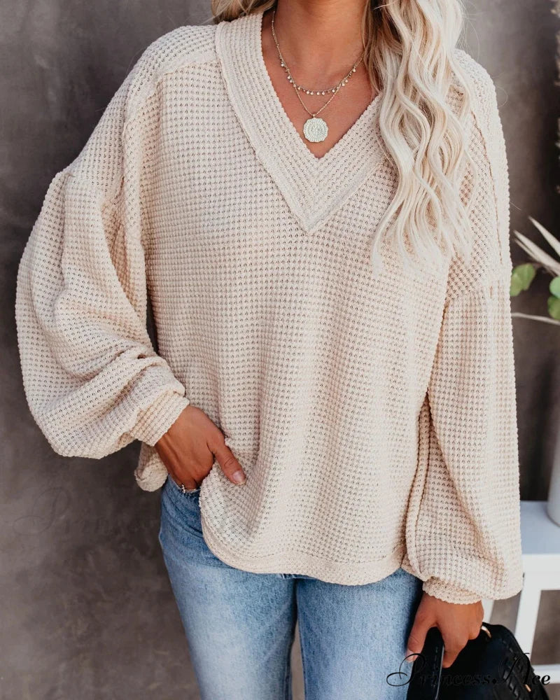 Autumn Knit V-Neck Long Lantern Sleeve Casual Sweater