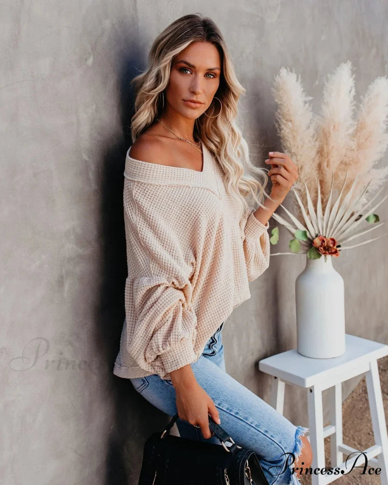 Autumn Knit V-Neck Long Lantern Sleeve Casual Sweater