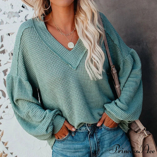 Autumn Knit V-Neck Long Lantern Sleeve Casual Sweater Green / S