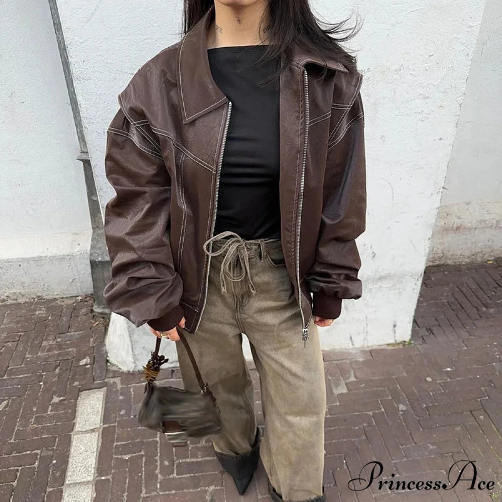 Autumn Leather Oversize Long Sleeve Turn-down Collar Fashion Casual Jacket Brown / S
