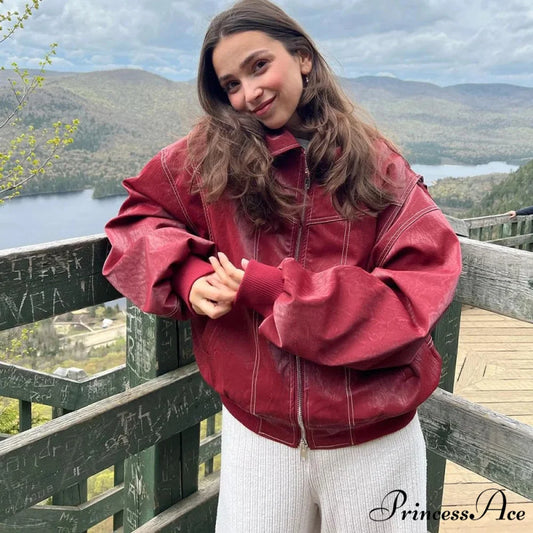 Autumn Leather Oversize Long Sleeve Turn-down Collar Fashion Casual Jacket Red / S