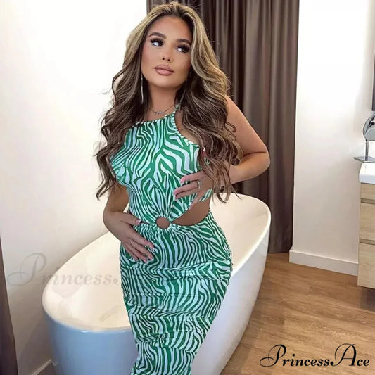 Autumn New Line Hanging Neck Circle Decoration Off Waist Print High Waist Slim Fit Mid Length Cut Out Dress