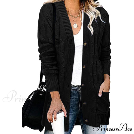 Autumn Solid Color Knitted Cardigan Cardigans Black / S